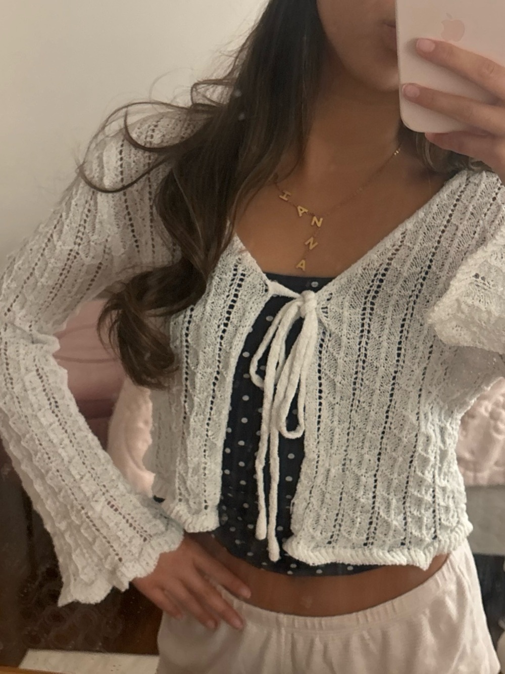 White crochet top with tie front detail